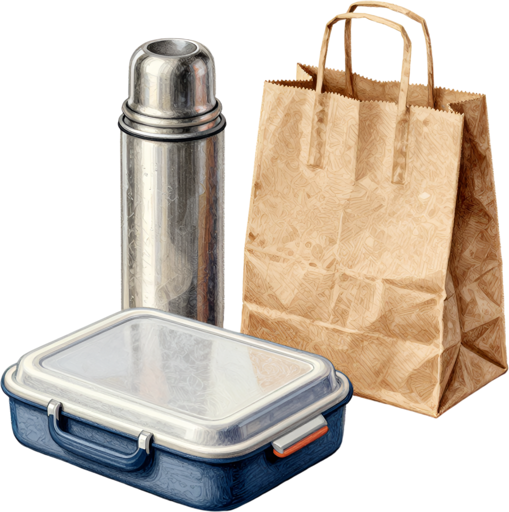 Presenting a reusable lunch set, complete with a durable thermos, a secure lunchbox, and a practical paper bag, ideal for daily meals PNG Clipart Illustration 1 - Presenting a reusable lunch set, complete with a durable thermos, a secure lunchbox, and a practical paper bag, ideal for daily meals PNG Clipart Illustration Free PNG Download
