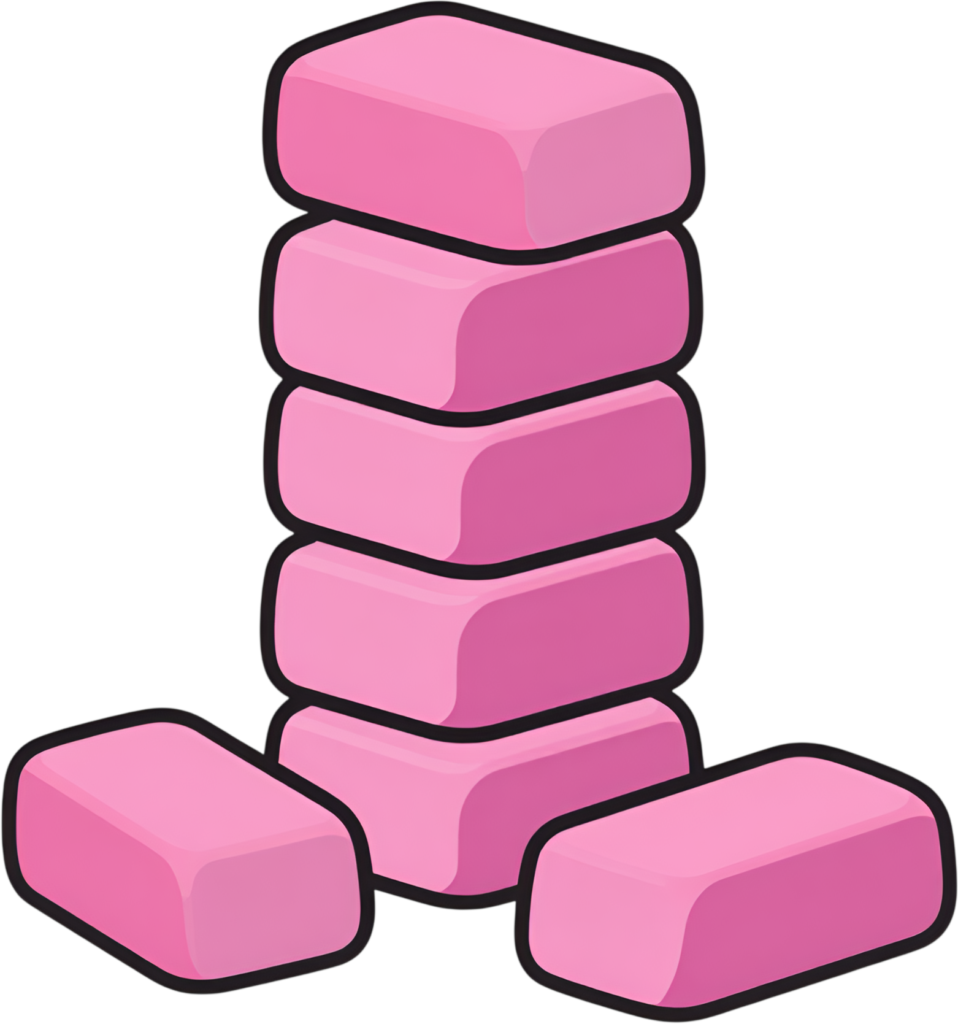 Featuring a neat stack of pink rubber erasers, accompanied by two loose ones, essential for correcting mistakes and drawing, perfect for school PNG Clipart Illustration 1 - Featuring a neat stack of pink rubber erasers, accompanied by two loose ones, essential for correcting mistakes and drawing, perfect for school PNG Clipart Illustration Free PNG Download