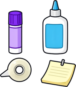 Crafting essentials like a glue stick, liquid glue, tape dispenser, and a sticky note, perfect for creative projects and office tasks Clipart Illustration PNG