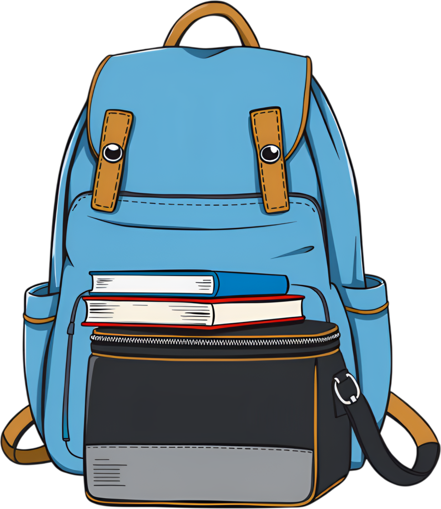 Showcasing a practical blue school backpack, thoughtfully packed with books and featuring an attached lunchbox, ready for the day PNG Clipart Illustration 1 - Showcasing a practical blue school backpack, thoughtfully packed with books and featuring an attached lunchbox, ready for the day PNG Clipart Illustration Free PNG Download