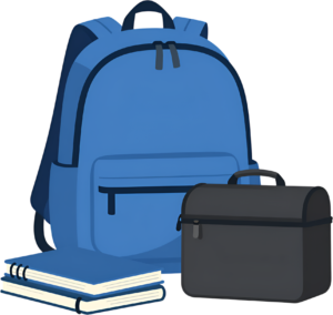 Presenting a compact blue backpack with additional accessories like two notebooks and a sleek black lunchbox, designed for efficient Illustration PNG Clipart