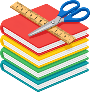 Behold this academic stack of books, topped with a wooden ruler and blue scissors, signifying learning and practical skills, a valuable PNG Clipart Illustration