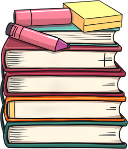 Featuring an annotated book stack, highlighting key passages with highlighters and sticky notes, an ideal representation of active learning Clipart Illustration PNG