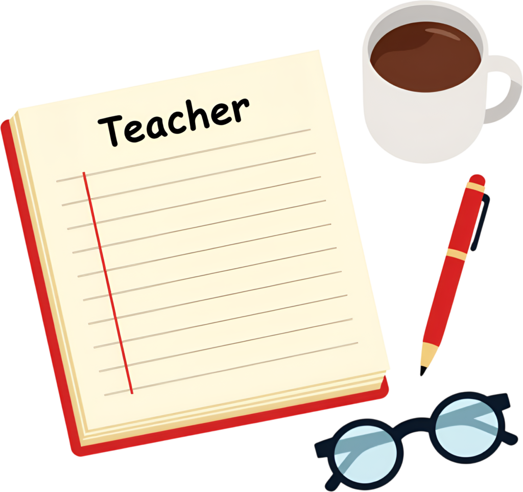 Highlighting organized teacher's desk essentials, including a notebook labeled "Teacher," a pen, a coffee mug, and glasses, perfect for educational PNG Clipart Illustration 1 - Highlighting organized teacher's desk essentials, including a notebook labeled "Teacher," a pen, a coffee mug, and glasses, perfect for educational PNG Clipart Illustration Free PNG Download