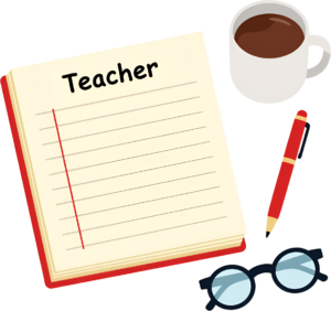 Highlighting organized teacher’s desk essentials, including a notebook labeled “Teacher,” a pen, a coffee mug, and glasses, perfect for educational PNG Clipart Illustration