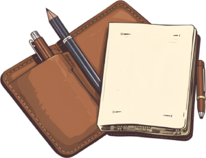 Capture the essence of writing with this classic brown leather journal set, complete with a pen, pencil, and blank paper, a timeless PNG Clipart Illustration
