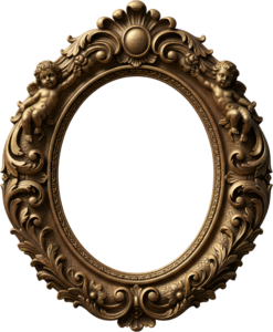 Witness the Baroque beauty: cherub adorned aged gold oval PNG, a detailed Illustration