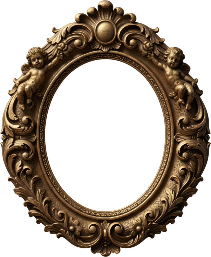 - Witness the Baroque beauty: cherub adorned aged gold oval PNG, a detailed Illustration Free PNG Download