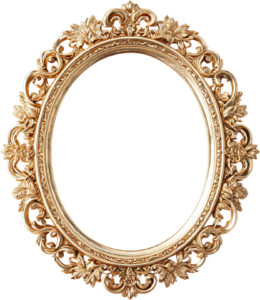 This vibrant golden oval ornate PNG frame offers an elaborate floral Illustration