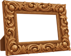 An angled carved wood horizontal PNG frame presents a rustic floral Illustration