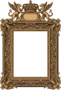 Integrate a heraldic griffin crown rectangular PNG frame, a royal detailed Illustration