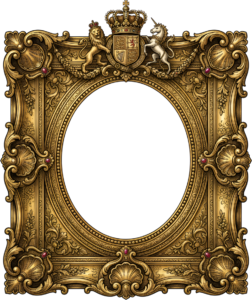 Want a majestic gold Illustration? This royal crest lion unicorn square oval PNG frame is it