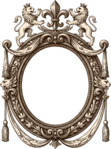 Enrich your gallery with a monochrome heraldic lion oval PNG and fleur-de-lis Illustration