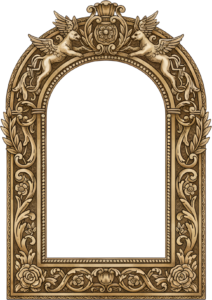 Achieve grandeur with an arched griffin architectural PNG frame and intricate floral Illustration