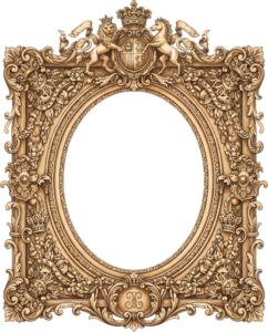 Unveil the detailed heraldic crown lion unicorn square oval PNG frame with skull Illustration