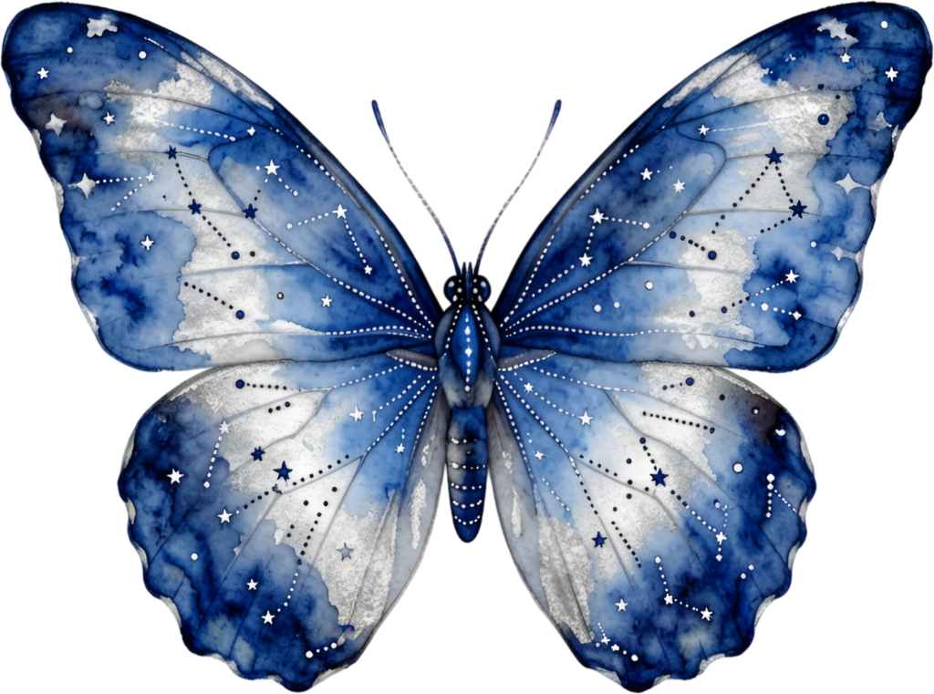 Adorn your designs with this enchanting blue Butterfly, a celestial Watercolor starry night sky PNG Illustration for projects