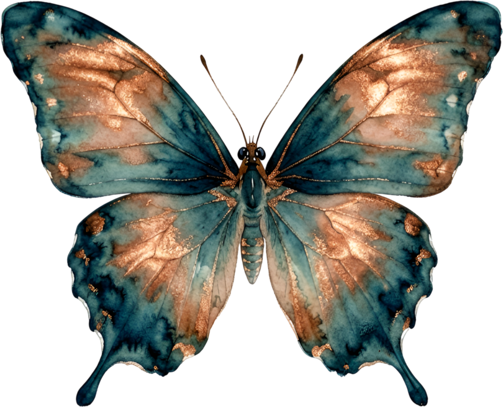 Elevate your creative ventures using this exquisite teal Butterfly, a metallic copper-gold Watercolor PNG Illustration for art