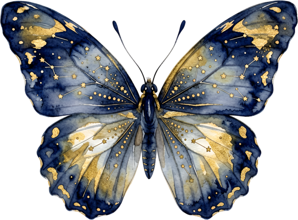 Design captivating visuals with this indigo Butterfly, an ethereal golden star-filled cosmic Watercolor PNG Illustration graphic