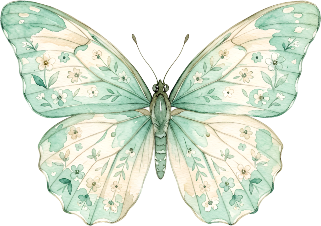 Enhance your crafts with this serene mint green Butterfly, a delicate floral pattern Watercolor garden PNG Illustration element