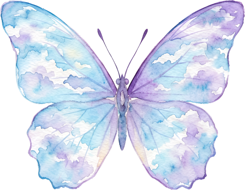 Bring a whimsical touch with this airy blue and purple Butterfly, a dreamy Watercolor cloud-patterned PNG Illustration for fantasy