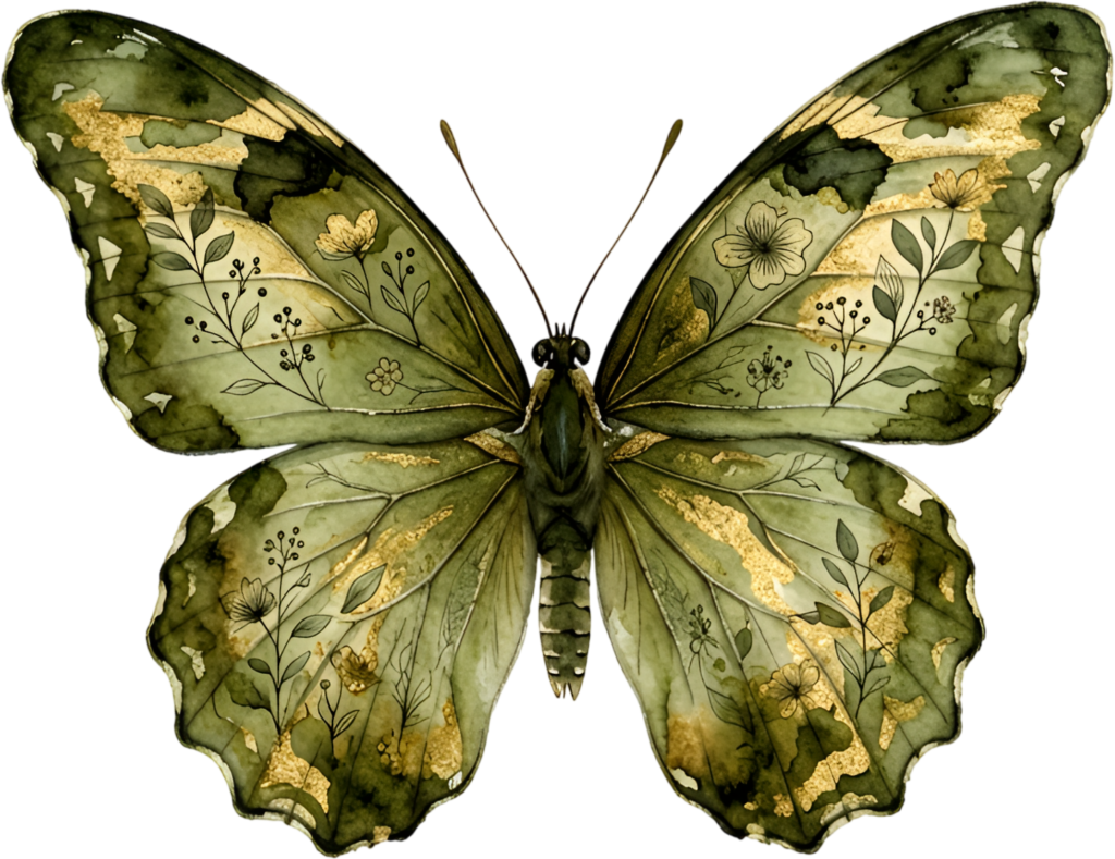 Craft elegant pieces using this olive green Butterfly, a stunning golden botanical Watercolor design PNG Illustration asset