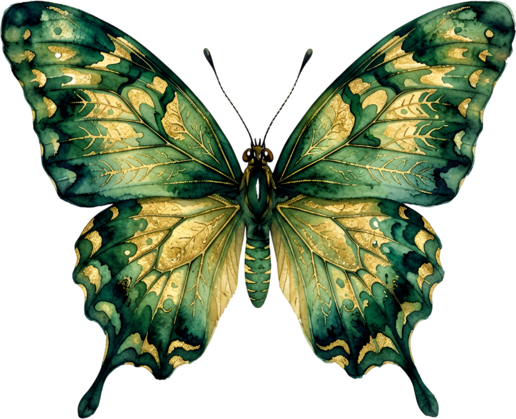 Access this majestic emerald green Butterfly, a luxurious golden ornate Watercolor wing pattern PNG Illustration for premium projects