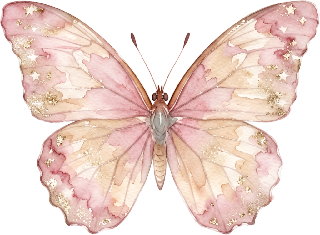Select this charming blush pink Butterfly, a glittering gold star-kissed Watercolor element PNG Illustration for feminine projects
