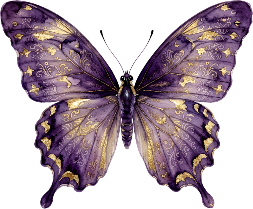 Enhance your creations with this regal purple Butterfly, an intricate golden scrollwork Watercolor PNG Illustration for sophisticated art