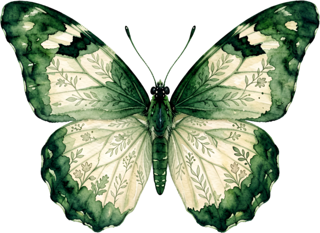 Integrate this verdant green Butterfly, a stunning botanical leaf pattern Watercolor design PNG Illustration for natural themes