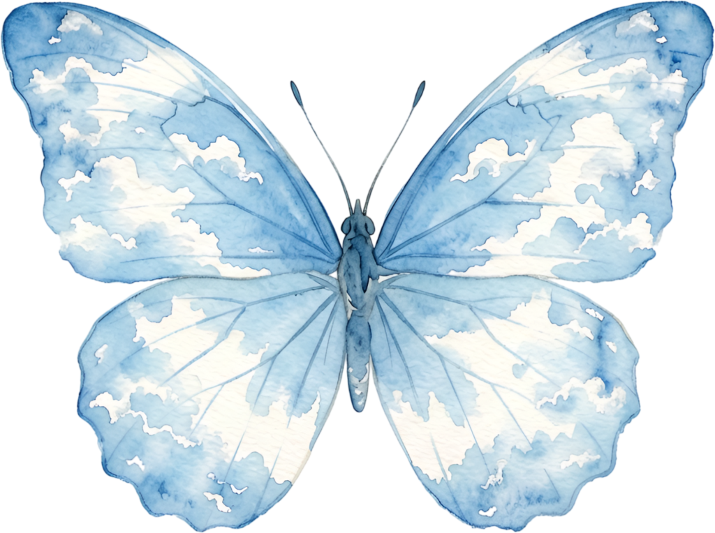 Infuse tranquility with this serene light blue Butterfly, a soft cloud pattern Watercolor design PNG Illustration for peaceful scenes