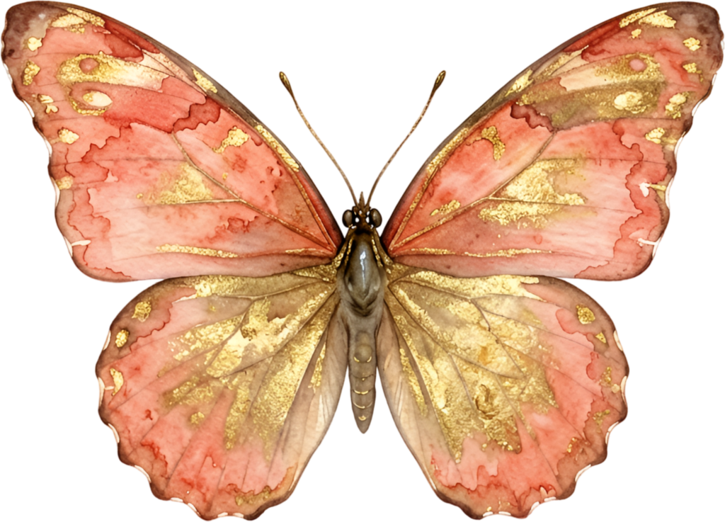 Present stunning visuals with this radiant coral Butterfly, a sparkling golden Watercolor accent PNG Illustration for glamorous projects