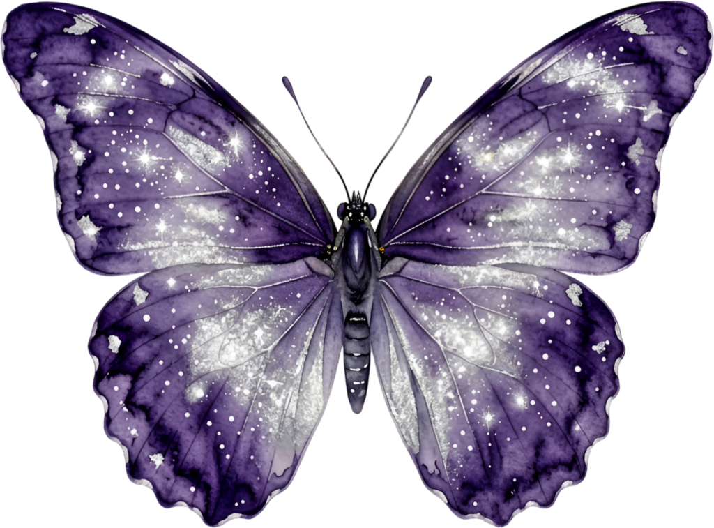Create magical designs with this mystical purple Butterfly, a sparkling silver cosmic Watercolor PNG Illustration for fantasy themes