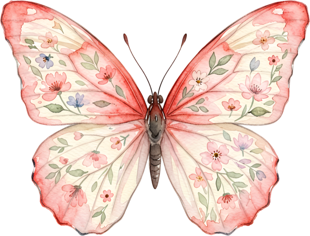 Craft charming pieces using this romantic pink Butterfly, a delicate floral vine Watercolor garden PNG Illustration for spring designs