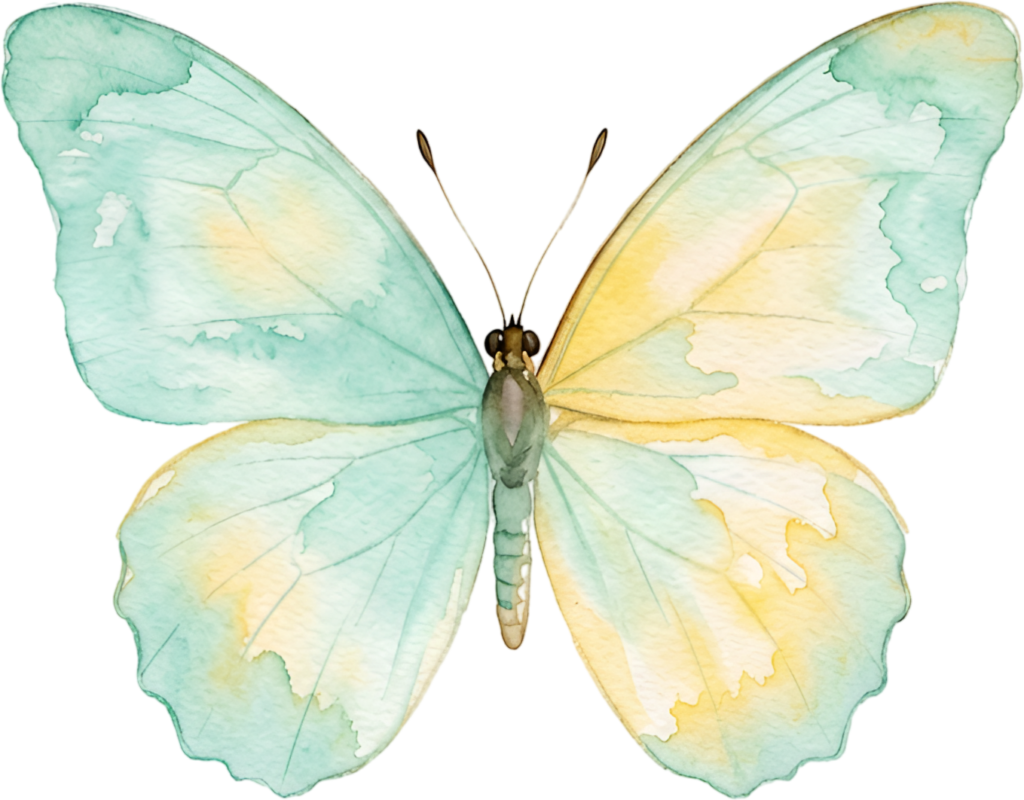 Accent your graphics with this refreshing mint green Butterfly, a cheerful yellow Watercolor blend PNG Illustration for bright art