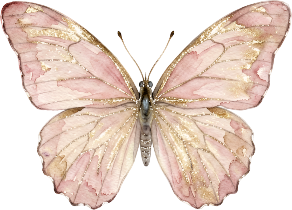 Introduce elegance with this shimmering pink Butterfly, a delicate golden glitter Watercolor element PNG Illustration for sophisticated crafts