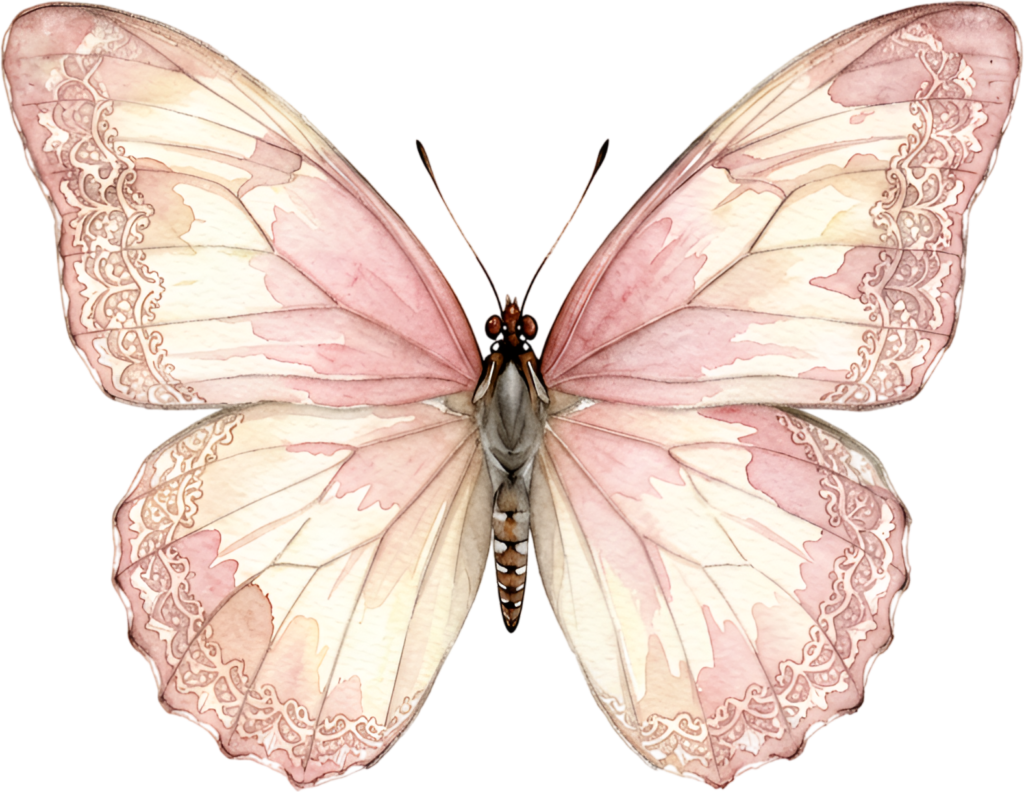 Envision grace with this soft pink Butterfly, a beautiful lace-edged Watercolor wing design PNG Illustration for vintage projects