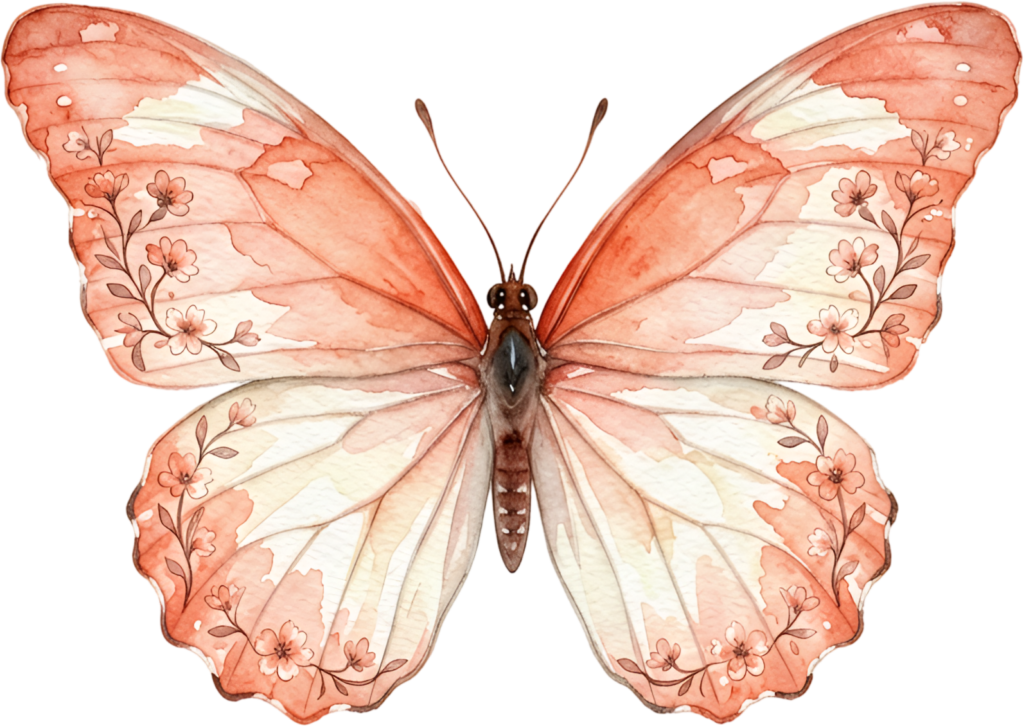 Embrace nature’s beauty with this vibrant coral Butterfly, a charming floral vine Watercolor design PNG Illustration for garden themes