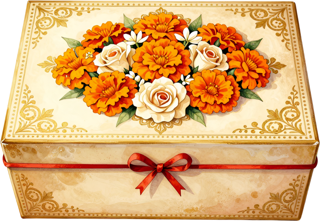 Ornate Rectangular Gift Box Clipart showcasing vibrant marigold and rose floral arrangements, perfect PNG for traditional event designs