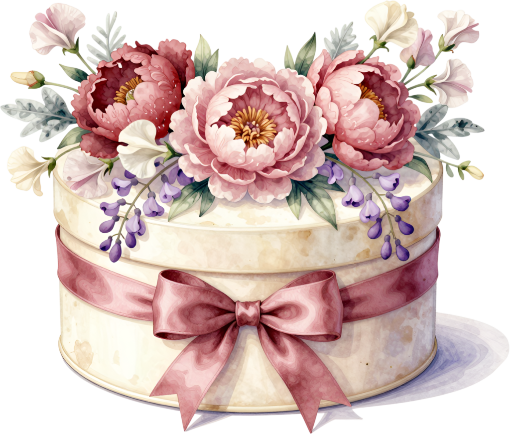 Round Watercolor Gift Box Clipart adorned with blush peonies and wisteria, a charming PNG for elegant event invitations