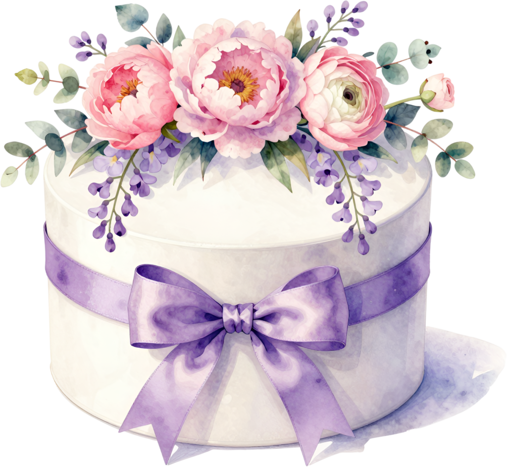 Showcase this elegant round Gift Box Clipart featuring serene pink peonies, lavender, and eucalyptus, a beautiful PNG for tranquil designs