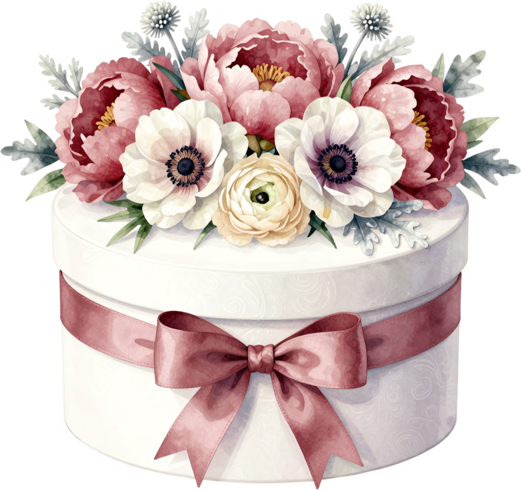 Discover this charming round Hat Box with Clipart of peonies, anemones, and dusty miller, perfect PNG for sophisticated event visuals