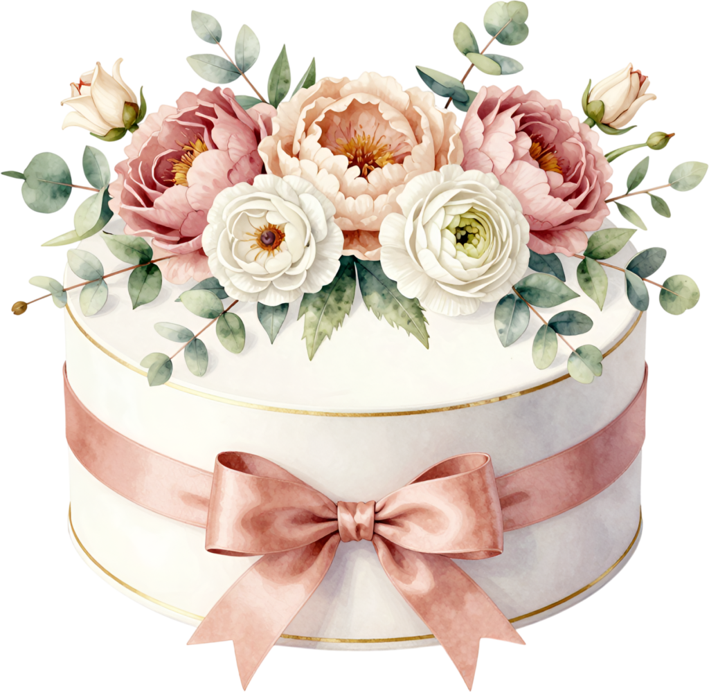 Adorn your projects with this exquisite round Gift Box Clipart, featuring lush peonies, roses, and eucalyptus, an essential PNG for designers