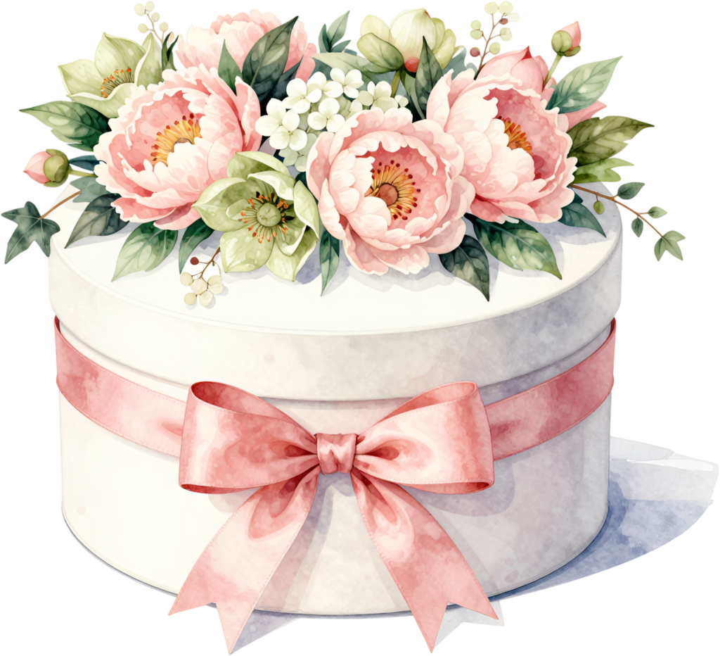 Presenting a delightful round Gift Box Clipart adorned with blush peonies and hellebore, a captivating PNG for romantic spring themes