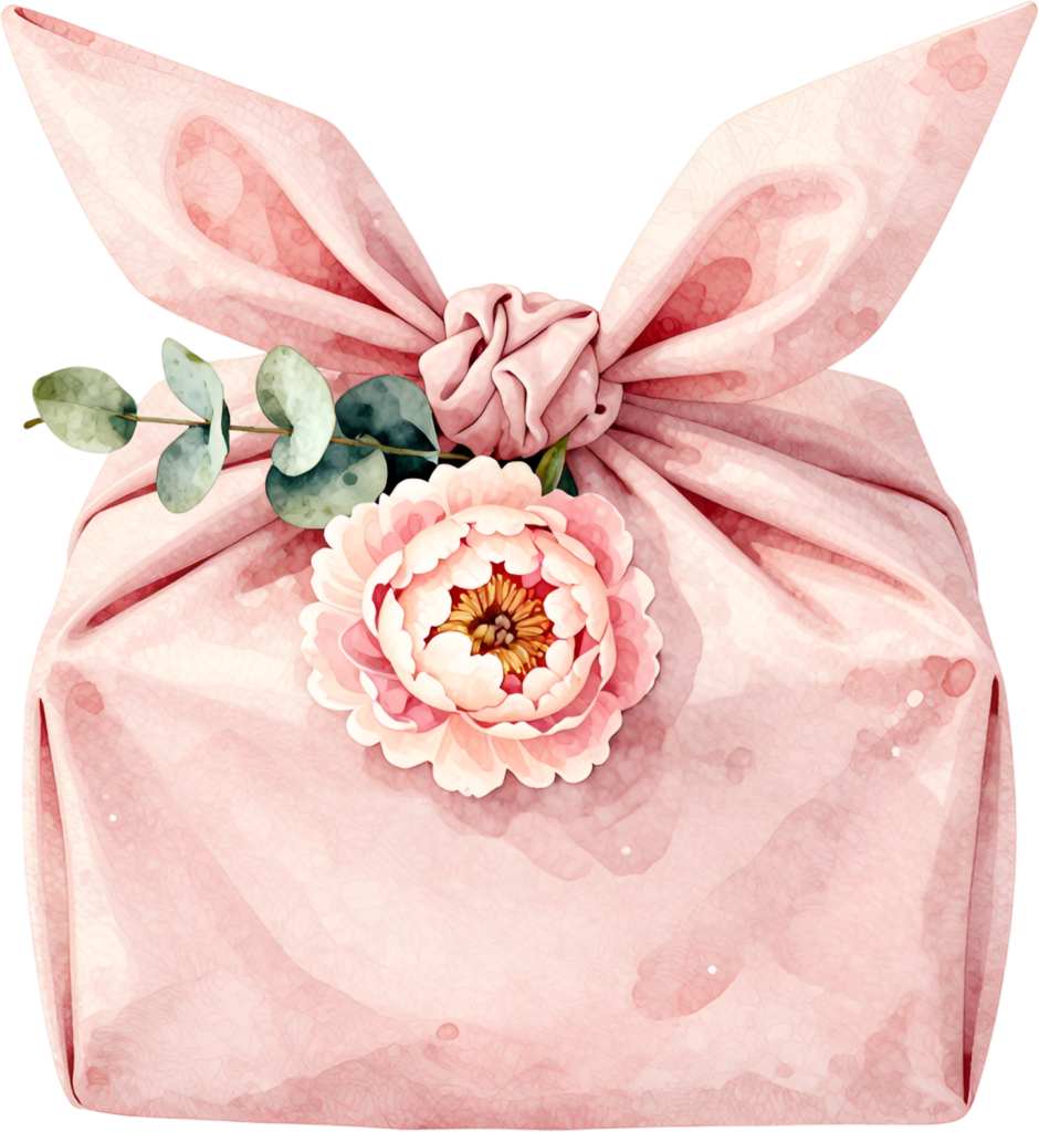 Embellish designs with this unique fabric-wrapped Gift Box Clipart featuring a blush peony and eucalyptus, a lovely PNG for elegant decor