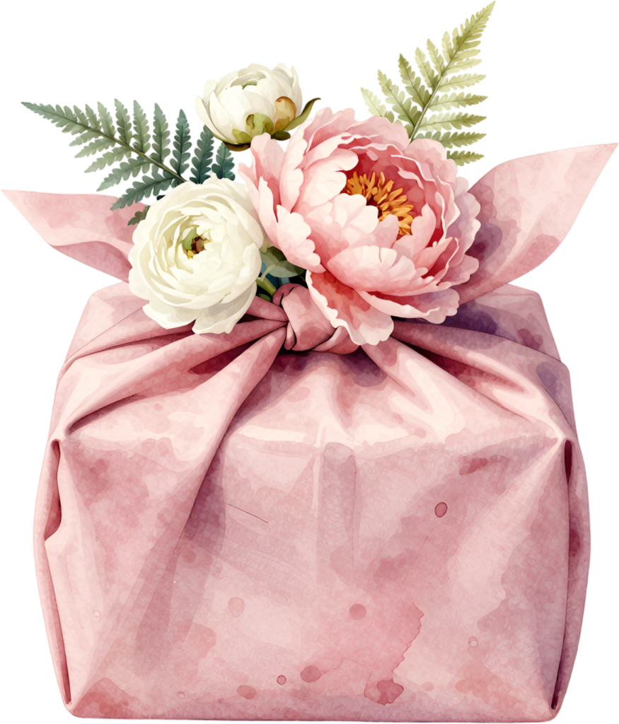 Elevate projects with this beautifully fabric-wrapped Gift Box Clipart, showcasing peonies, ranunculus, and fern, a charming PNG for rustic themes