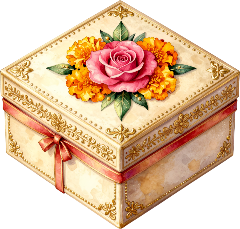 Square Ornate Gift Box Clipart embellished with a pink rose, marigolds, and gold accents, a luxurious PNG for festive celebrations