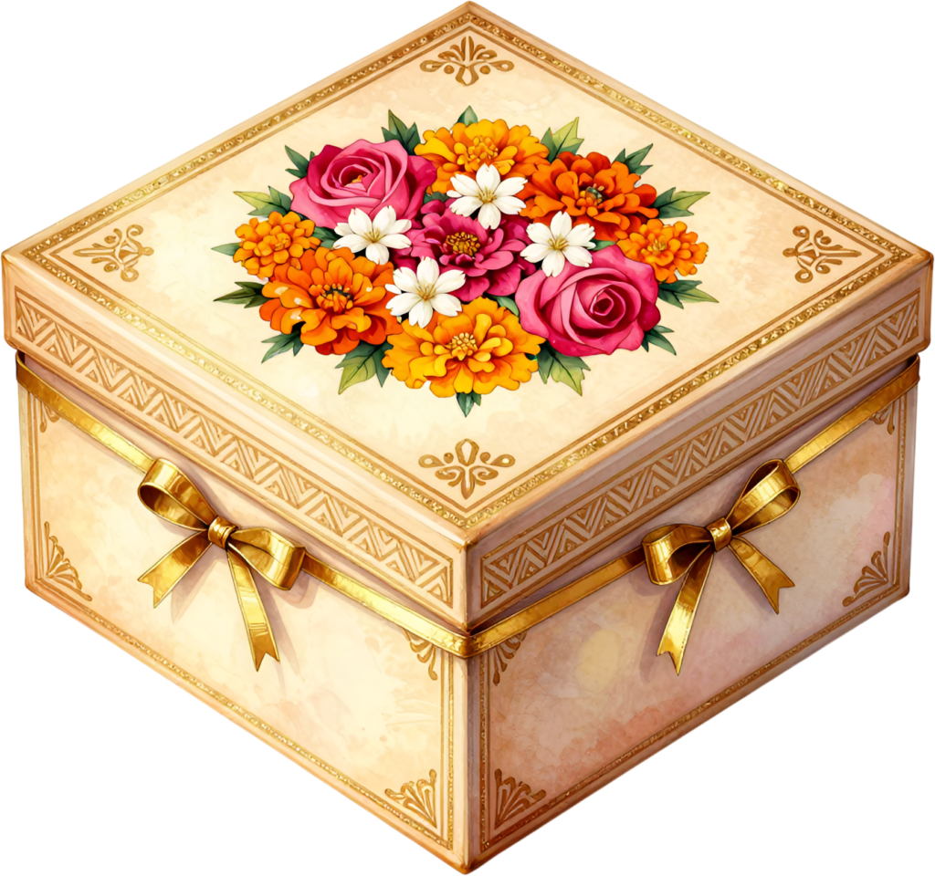 Create stunning visuals with this square Ornate Gift Box Clipart, highlighting a vibrant floral bouquet, a versatile PNG for diverse events