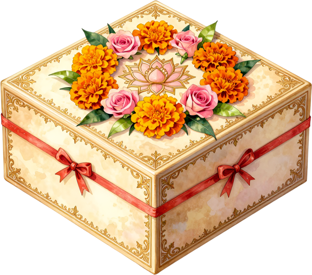 Design captivating greetings with this square Ornate Gift Box Clipart, featuring a lotus and marigold wreath, an inspiring PNG for cultural themes