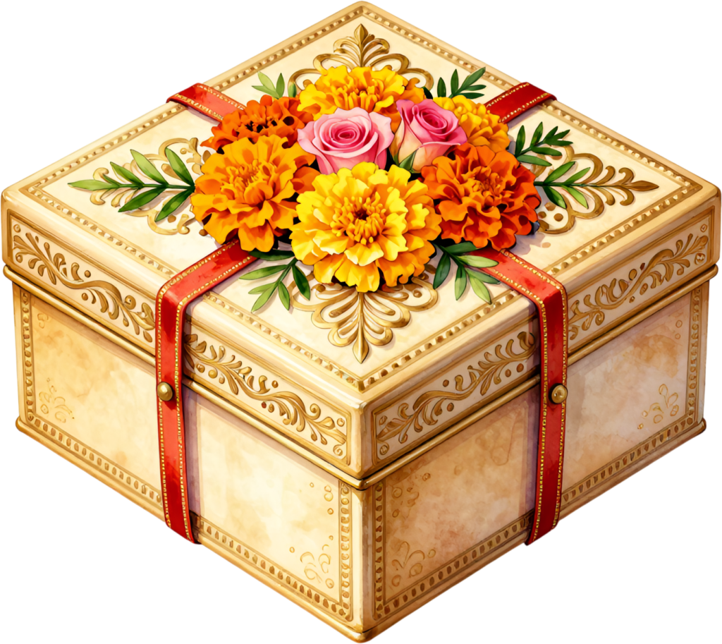 Enhance your projects with this square Ornate Gift Box Clipart, adorned with bright marigolds and roses, a festive PNG for joyful occasions