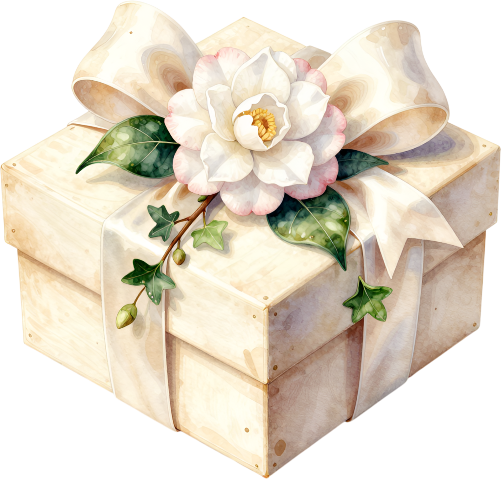 Adorn creations with this exquisite square Gift Box Clipart, featuring a pristine white camellia and ivy, a timeless PNG for classic events